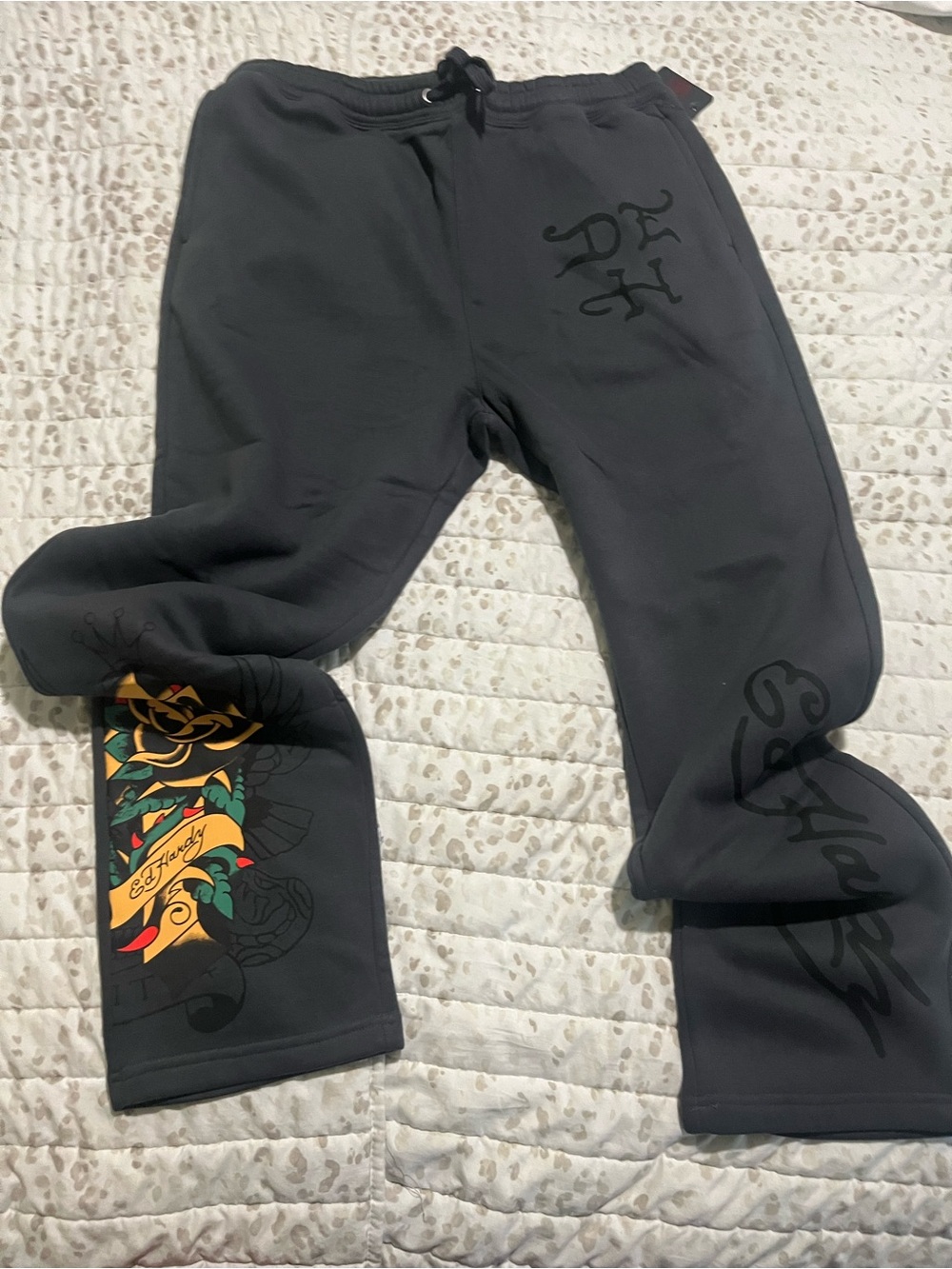 Ed Hardy Black Sweatpants with Colorful Tattoo Graphic
